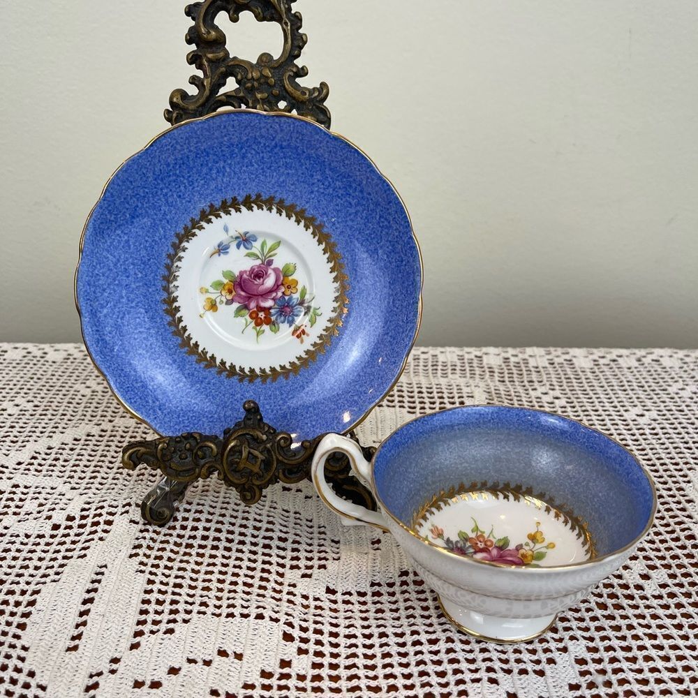 Vintage GROSVENOR Blue and Gold Floral Tea Cup  and Saucer | English Bone teacup